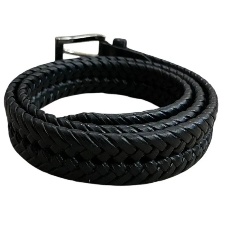 Mens Small 32 Black Braided Imitation Leather Belt Silver Tone Buckle